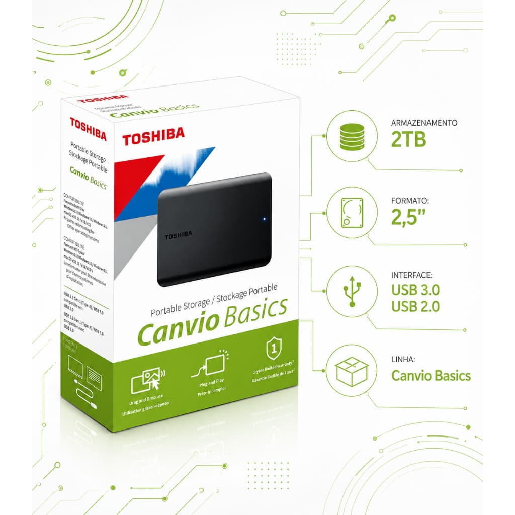 SSD HD Externo Toshiba Canvio Basics 2TB USB 3.0 Preto – HDTB520XK3AA