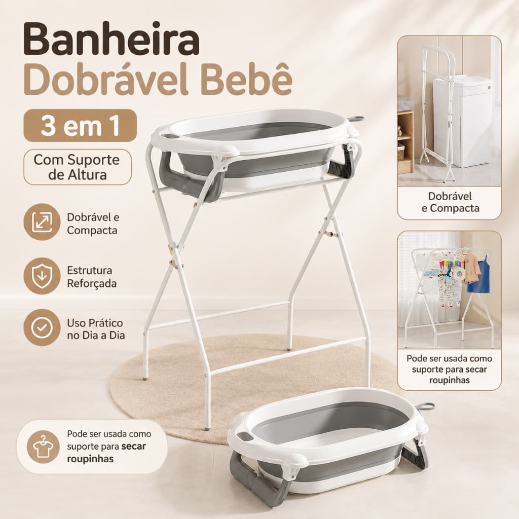 Banheira Dobrável Bebê 3 em 1 Com Suporte De Altura Portátil Infantil Banho Recém Nascido