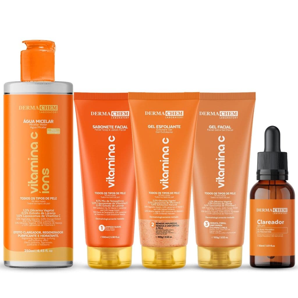 Kit Clareador Facial Completo Vitamina C Dermachem 5 Itens de Skincare com Sérum Clareador