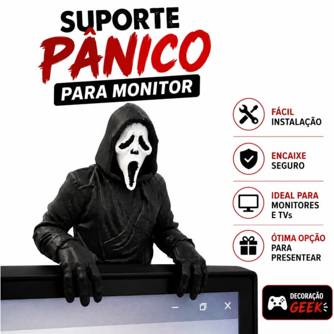 Suporte Pânico Para Monitor | Decoração Geek para Setup Gamer | Enfeite para Monitor