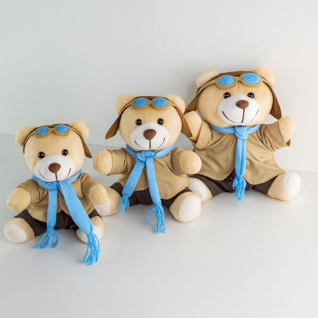 Kit 3 Ursos de Pelúcia Aviador Decorativos para Quarto de Bebê Enxoval Infantil Presente Luxo