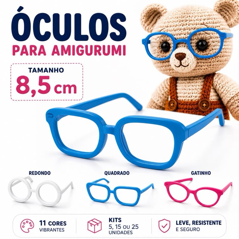 Óculos para Amigurumi Boneca Crochê Acessório Artesanato Kit 10 15 25 Unidades 8,5 cm