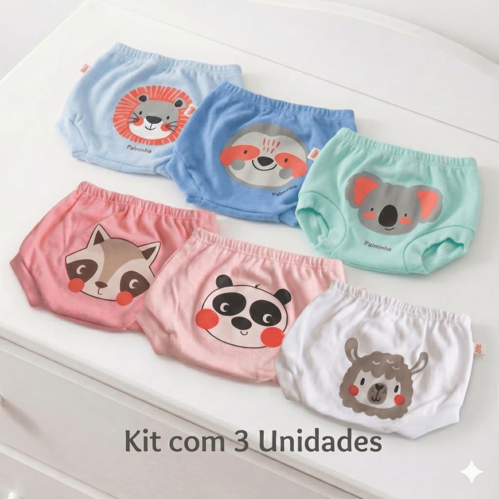 Kit 3 Tapa Fralda Bermudinha Bebê Suedine 100% Algodão Premium – Várias Estampas - Tamanhos: P/M/G