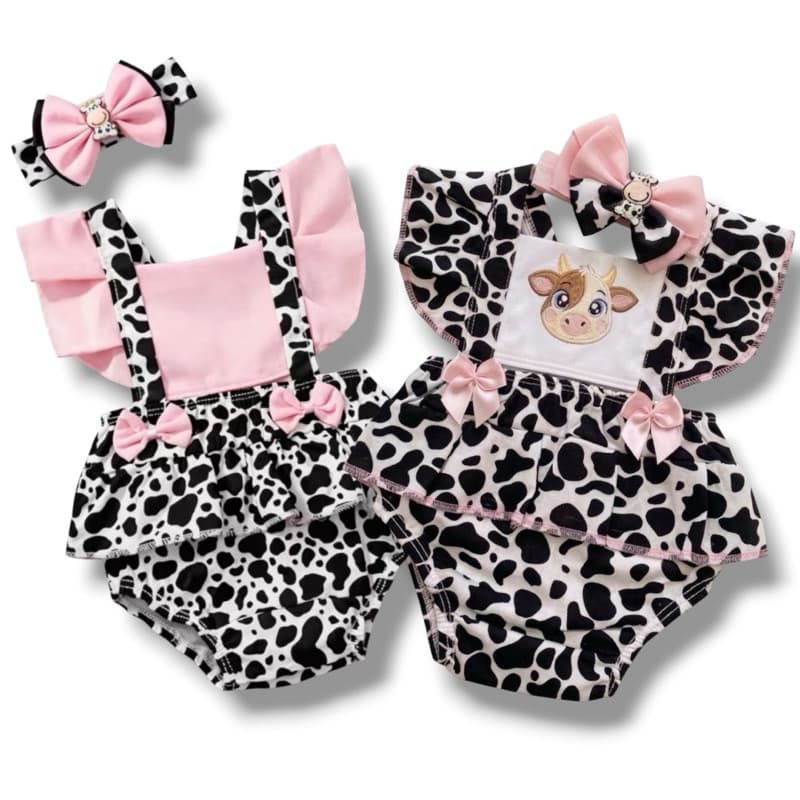 Body Bebê Menina Fazendinha Vaquinha Roupa Mesversário Romper Jardineira Completo
