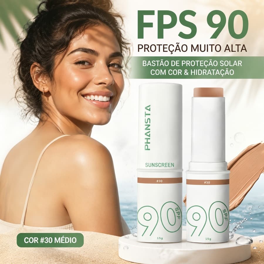 PHANSTA Protetor Solar Bastão Stick Facial FPS 90 com Base Efeito Matte Controle de Óleo 15g