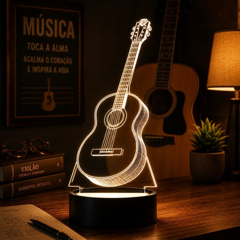 Luminária Led 3d | Violão 2 Música | Abajur Presente Criativo Decoração Multicores