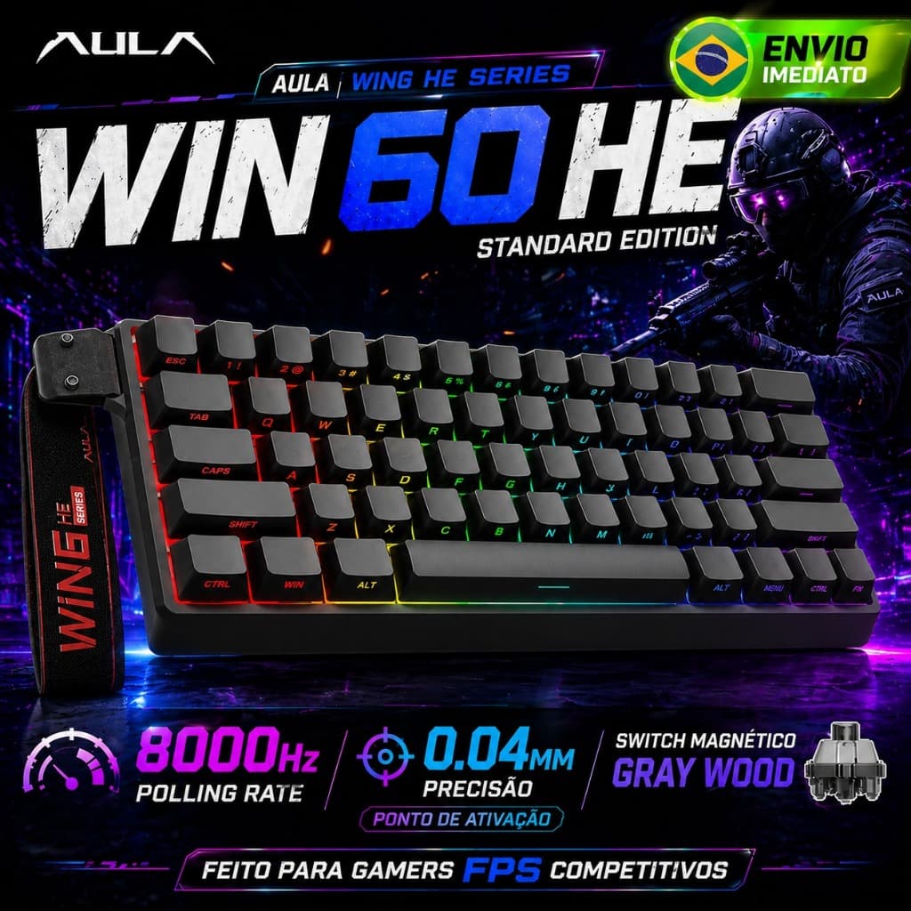 AULA WIN 60HE Teclado Mecânico Gamer Magnético, 60%, Magnético, 8000HZ, Ativação em 0.04mm, RGB