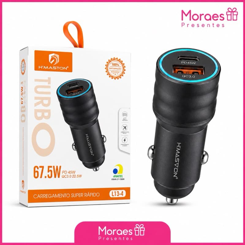 Carregador Veicular H’Maston L13-4 67,5W USB-C PD + QC3.0 Turbo | Homologado Anatel 01640-21-13606.
