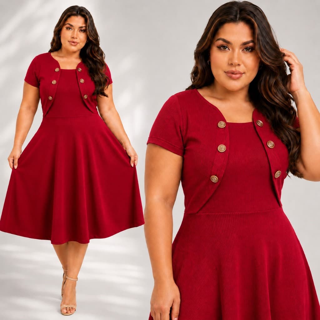Vestido Midi Godê Evangélico com Blazer Fake Feminino Social Elegante - Look Igreja Culto ou Trabalho Malha Canelado