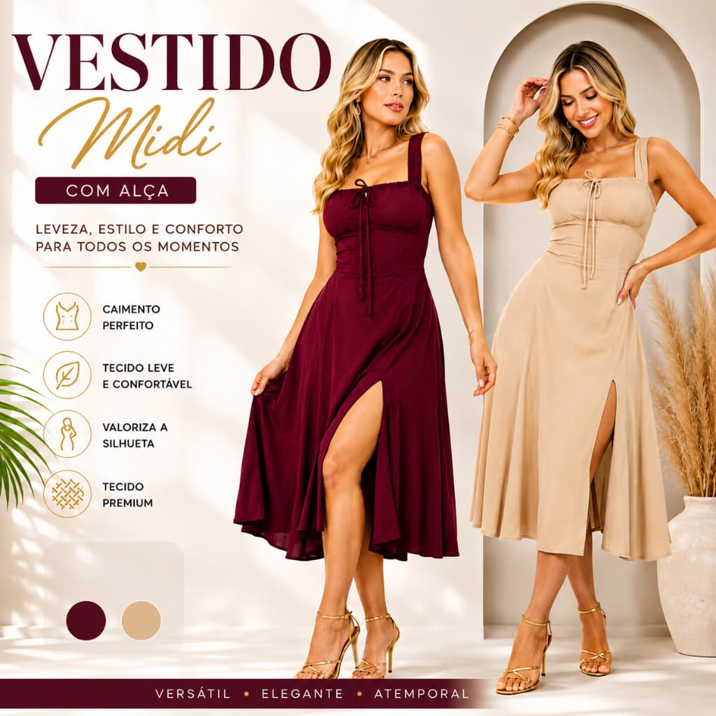 Vestido Midi com Alça Elastex e Cruzada nas Costa. Fenda Lateral- Tecido Viscolinho