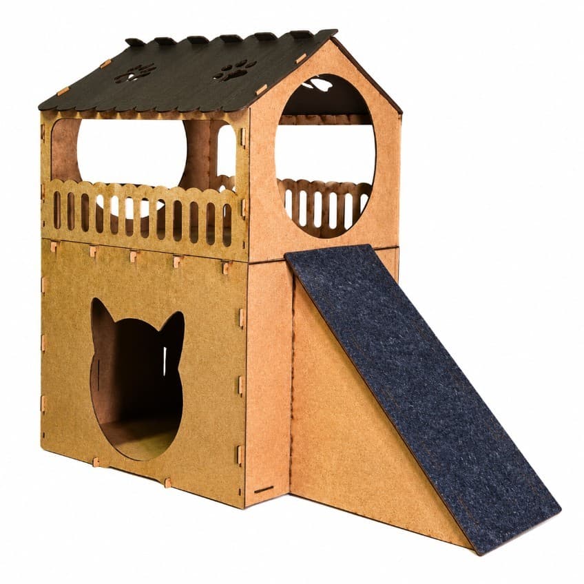 Casinha para Gatos 2 Andares MDF com Carpete – Toca + Arranhador + Rampa | Playground 67cm