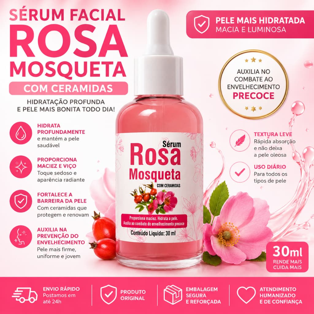 Sérum Facial Rosa Mosqueta Regenerador Clareador Hidratante Anti-Idade 30ml Original