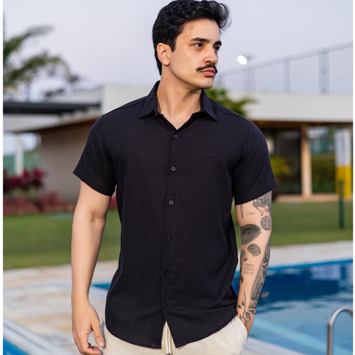 Camisa de Linho Masculina Manga Curta Social Casual Slim Fit Premium