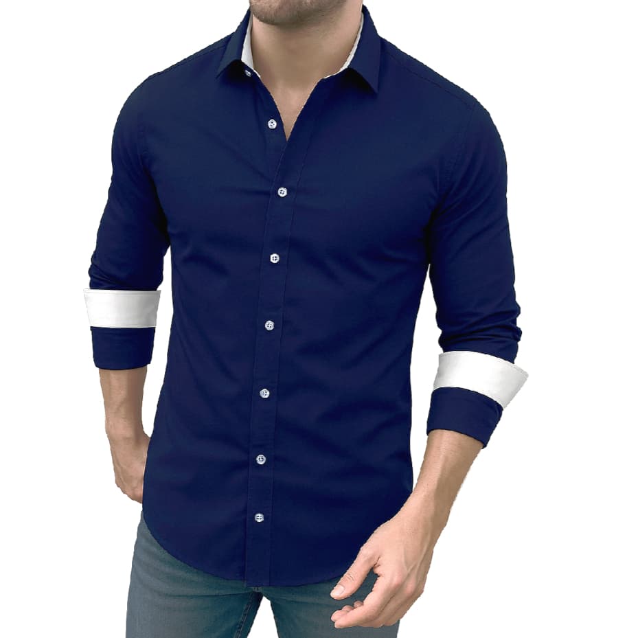 Camisa Social Masculina Azul Marinho Manga Longa Elegante Moderna