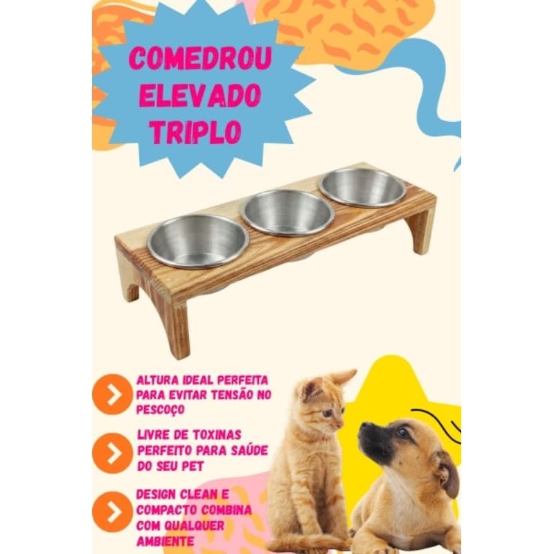 Comedouro Bebedouro Triplo Pet Tigela 300 ml Gato Vasilha Inox Alumínio de luxo Ergonômico cachorro 3 potes ração