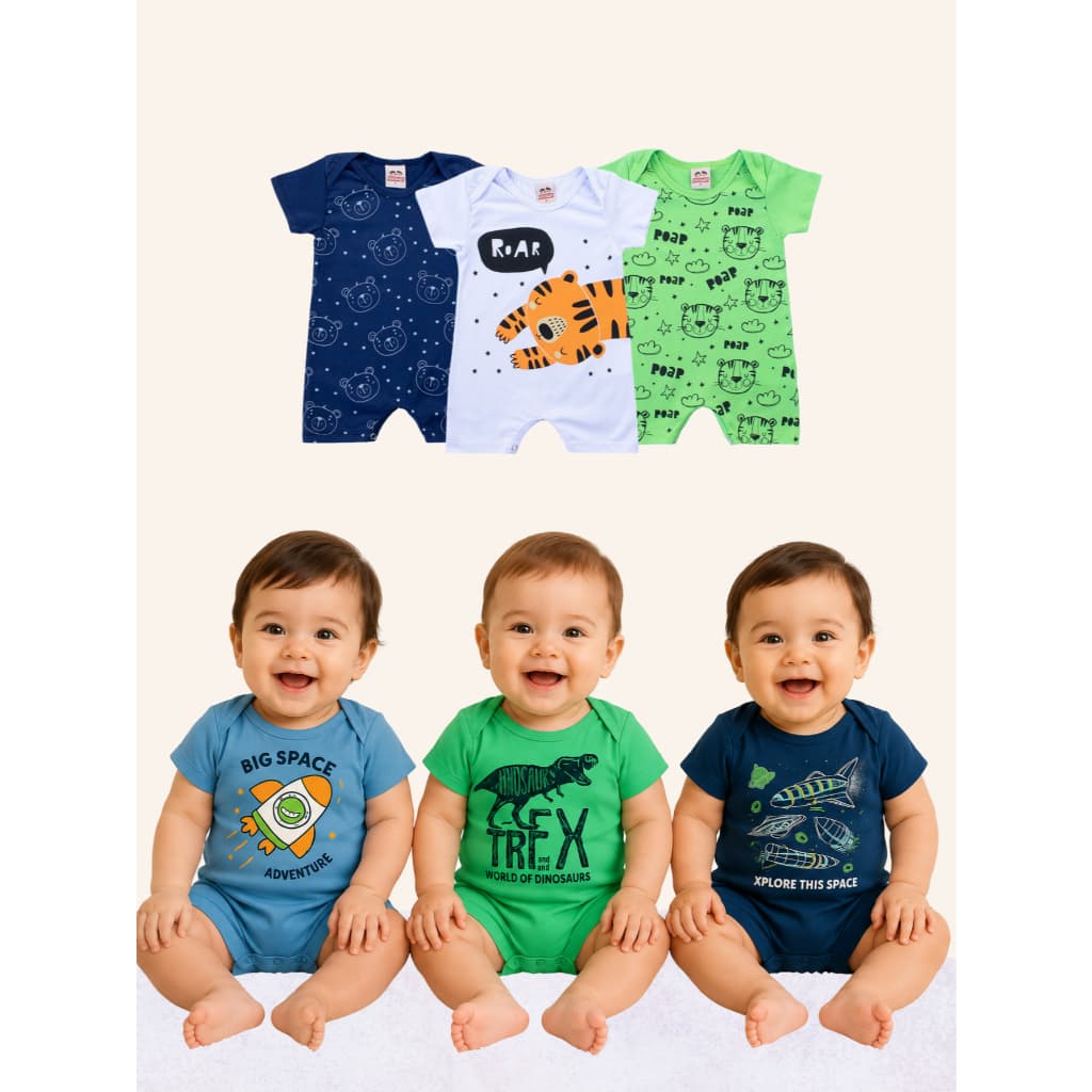 Kit 3 Macacões Roupa de Bebê Manga Curta Estampados Enxoval Infantil Algodão Bebê