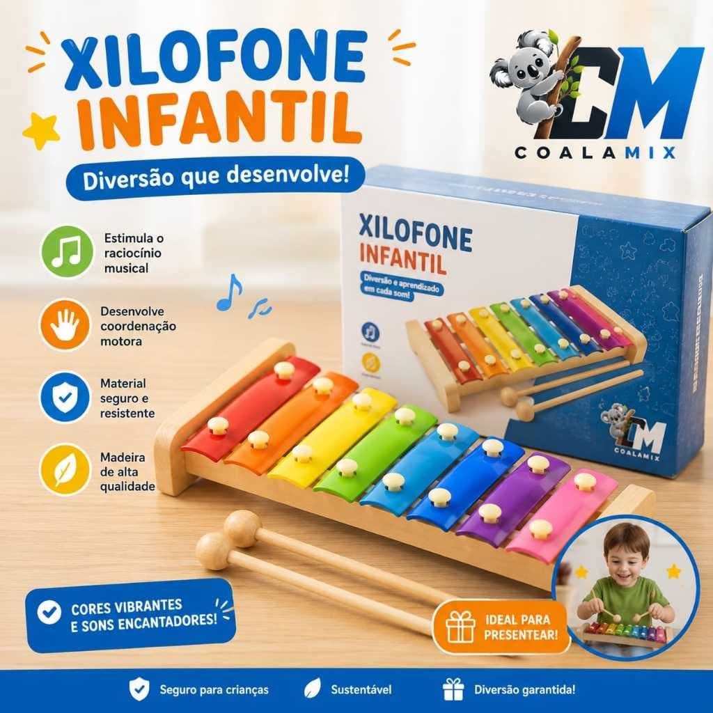Xilofone Infantil de Madeira e Metal, 8 Notas Coloridas, Brinquedo Musical Educativo