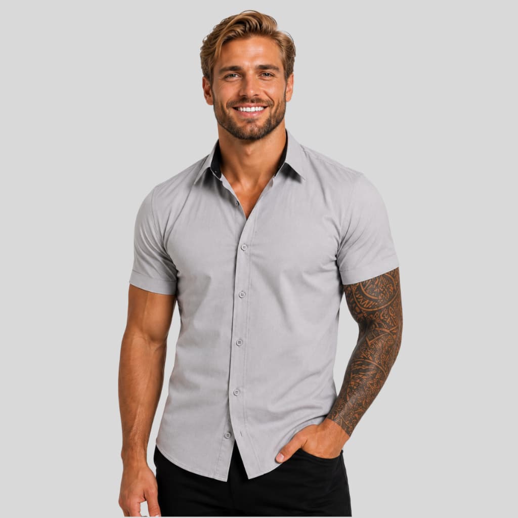 Camisa Masculina Premium Cinza Slim Fit Manga Curta Social Casual Luxo