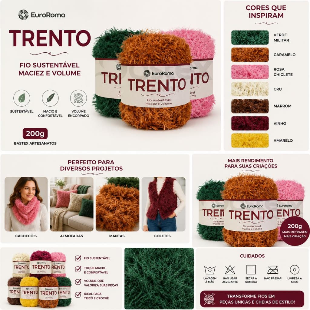 BARBANTE PELUDINHO EUROROMA TRENTO 200GRAMAS-FIO PREMIUM MACIO PARA CROCHÊ E TRICÔ
