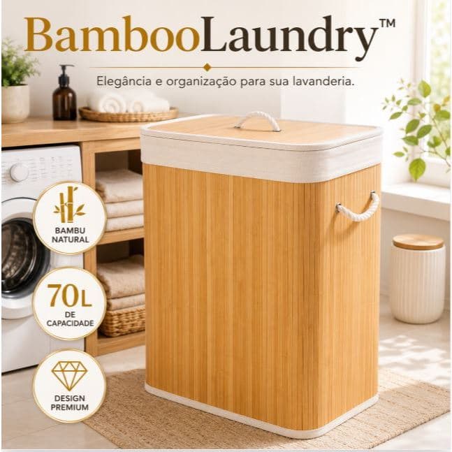 Cesto de Roupa 70L BambooLaundry™ com Tampa Alças Organizador em Bambu para Lavanderia Quarto Banheiro
