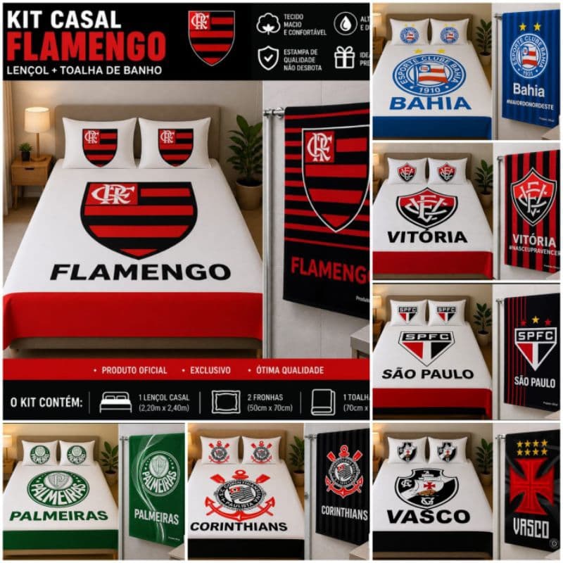 Lençol + Tolha banho Time Futebol Kit jogo lençol Casal 3 peças e Tolha Felpuda/estampa   Envio imediato