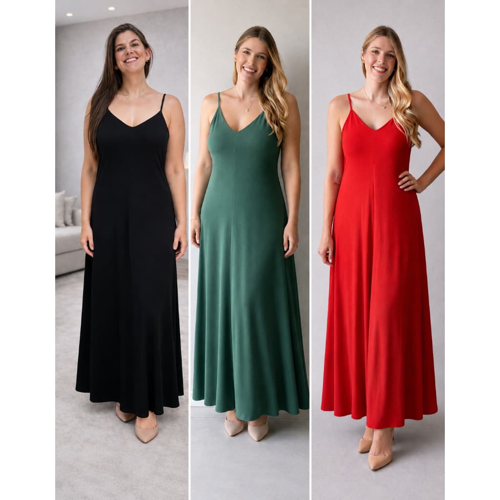 Kit de 3 Vestido 2 Vestido 1 Vestido Longo Feminino Alças Finas Decote V Malha Leve Confortável