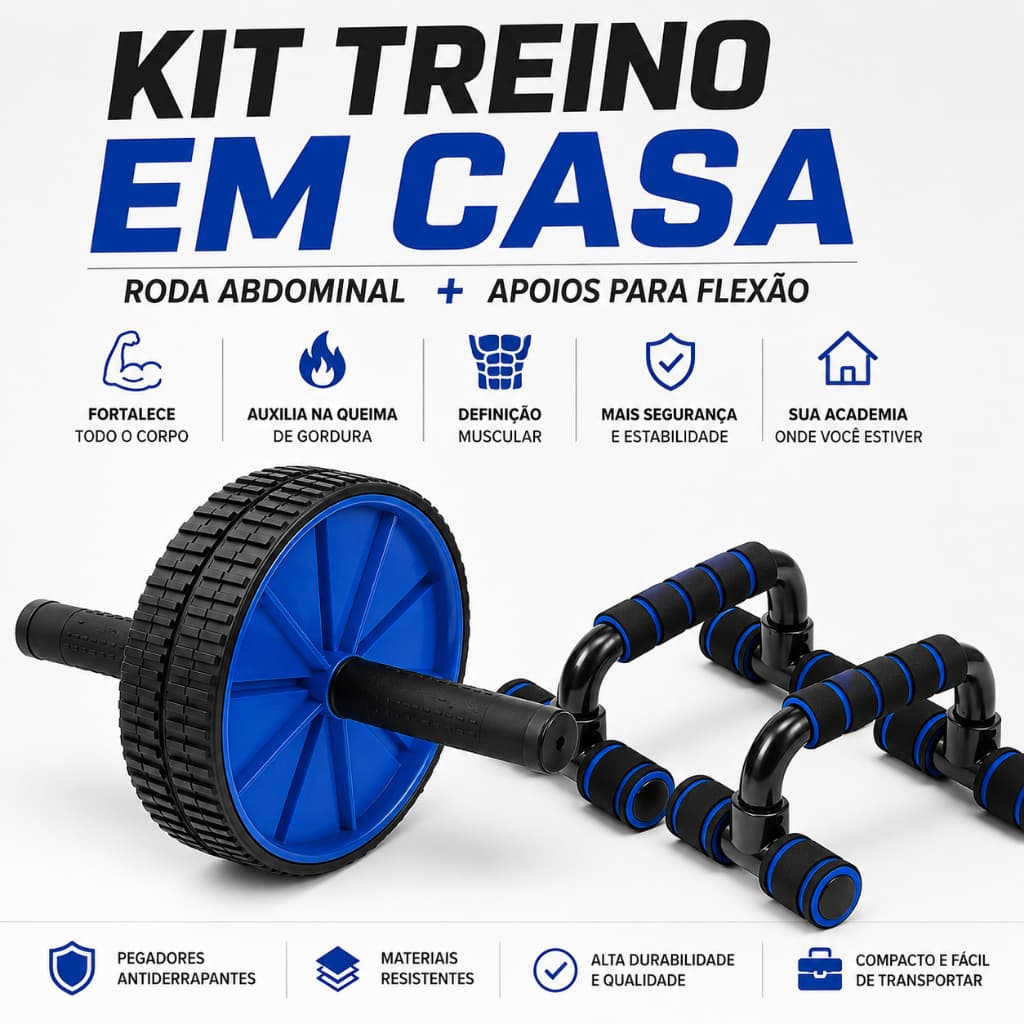 Kit Treino em Casa Roda Abdominal Dupla + Apoios para Flexão Musculação Funcional