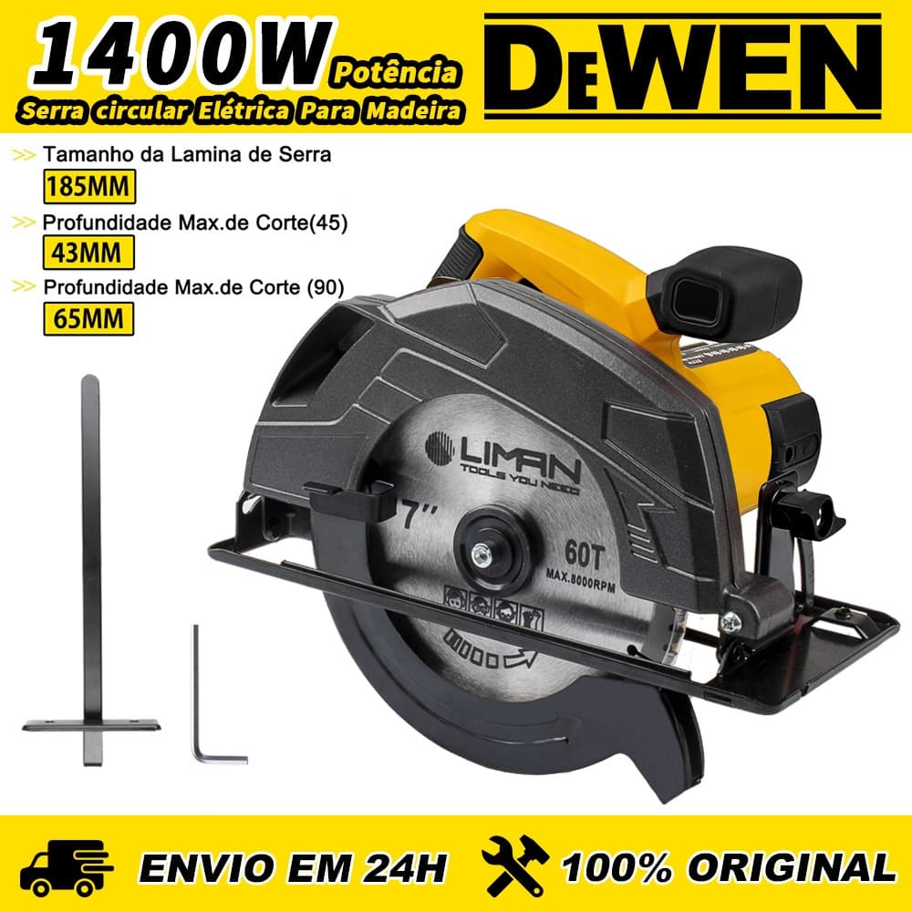 Serra Circular Elétrica Profissional 185mm 1400W 5000rpm para Cortes de Madeiras