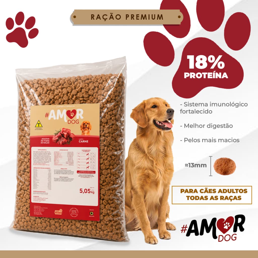 Ração Cachorro 5kg Amor Dog Premium Sabor Carne 18% Proteína