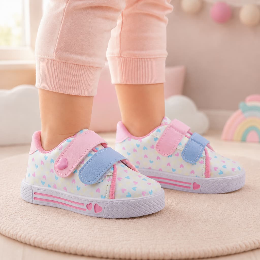 Tênis Infantil Menina Coração Colorido Calçado Delicado Bebe Feminino Casual Escolar Confortável Velcro Promoção