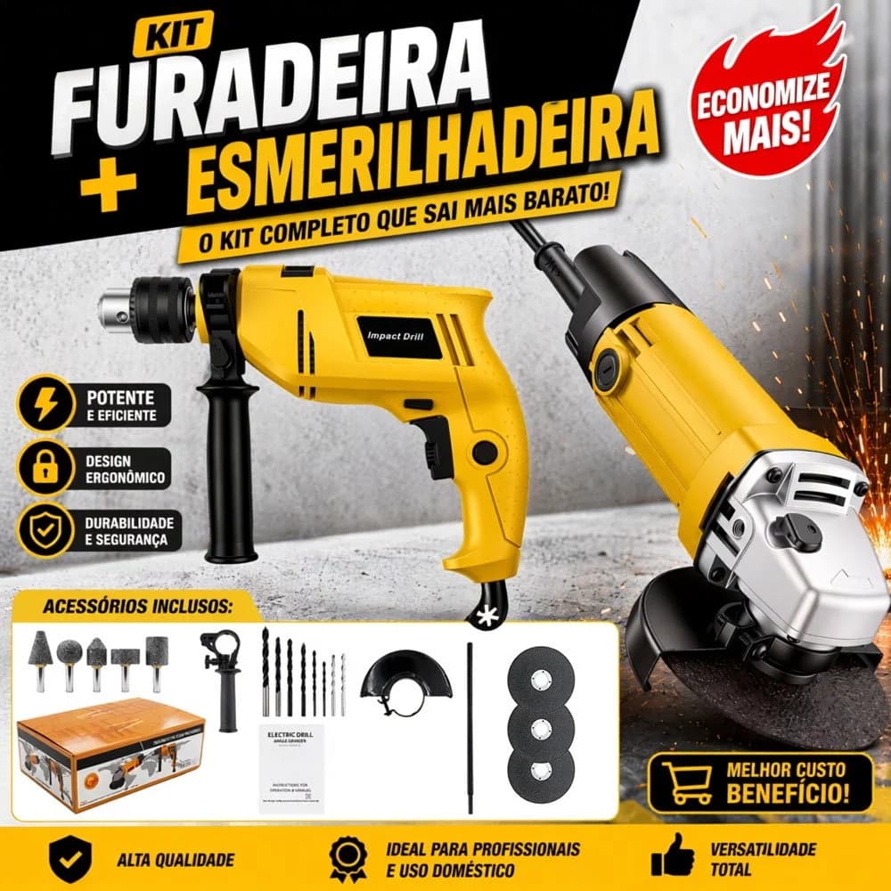 Combo 110-127V/220V Ferramenta Elétrica 2 Peças Furadeira de Impacto e Esmerilhadeira Angular Alta Performance