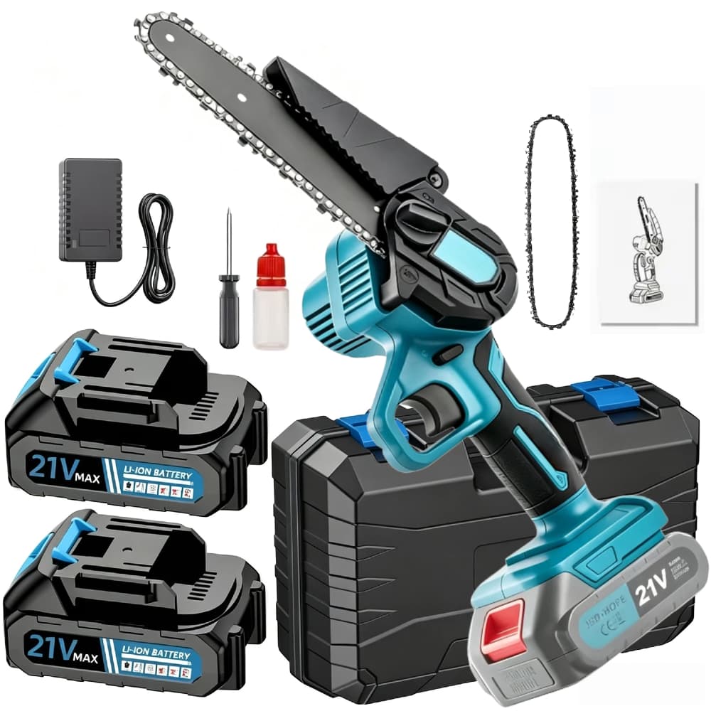 Mini Motosserra de Lítio 21V 800W Leve Mão Única para Poda de Árvores e Jardinagem com 2 Baterias Inclusas