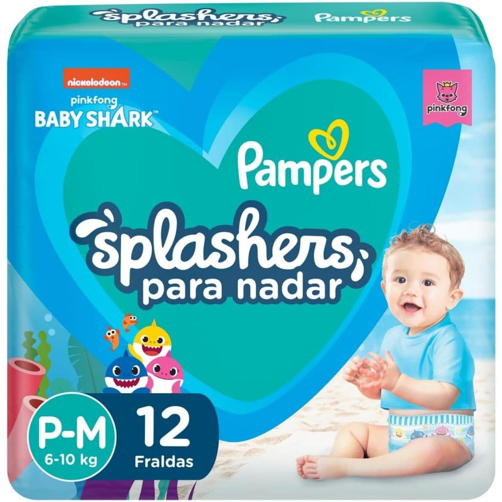 Fralda Pampers Splashers Para Nadar Baby Shark Tamanho P-M 12 Unidades