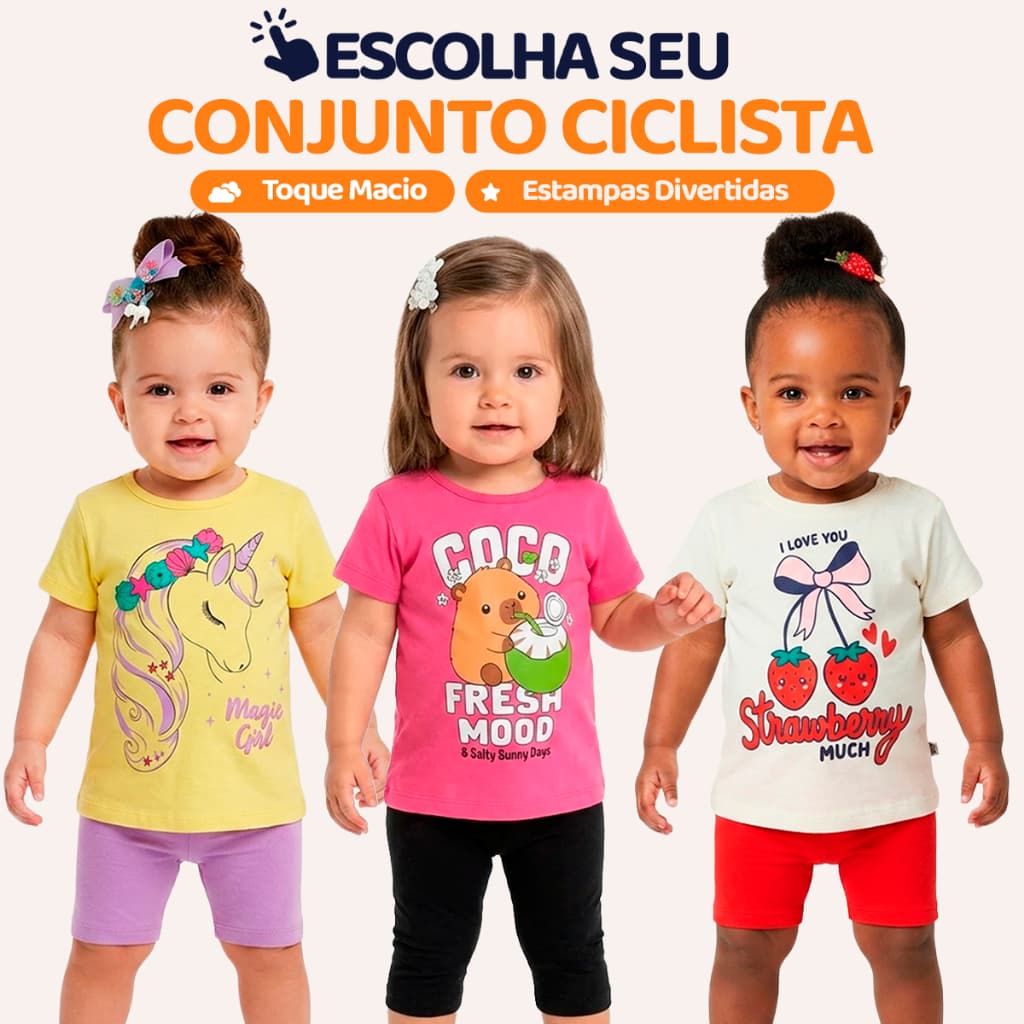 Conjunto Ciclista Bebê Menina Neném Blusa e Shorts Feminino Verão Roupas Algodão Casual Baby Estampado Dia a Dia L14