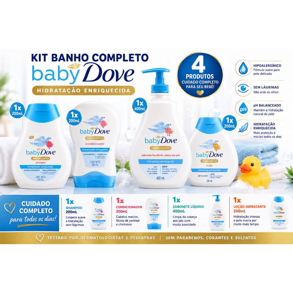 Kit Baby Dove Hidratação 4 Produtos Shampoo 200 ml Condicionador 200 ml Sabonete 400ml e Loção Hidratante Corporal 200ml