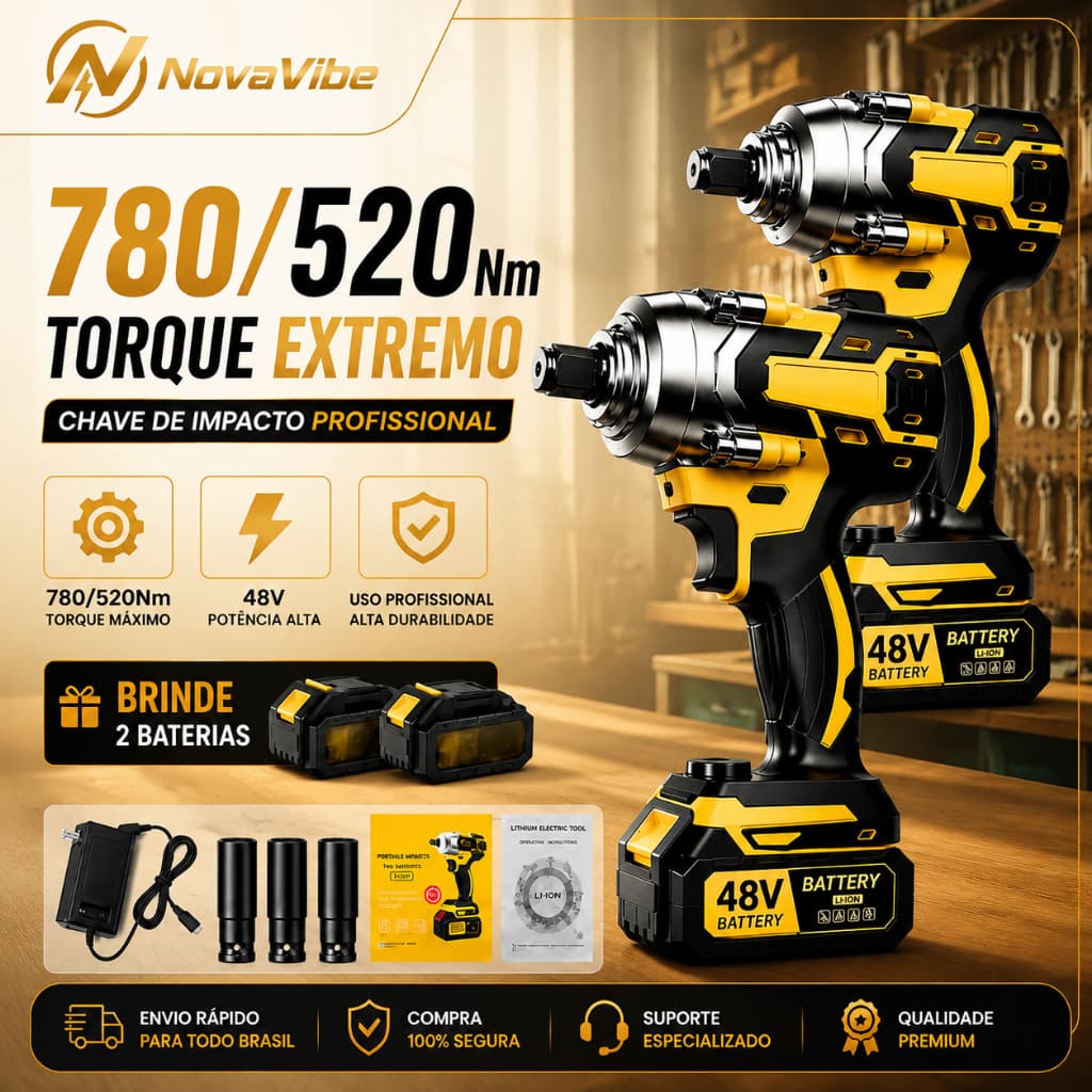 Chave De Impacto Sem Fio 48V Elétrica Profissional Parafusadeira Furadeira Brushless 2 Baterias