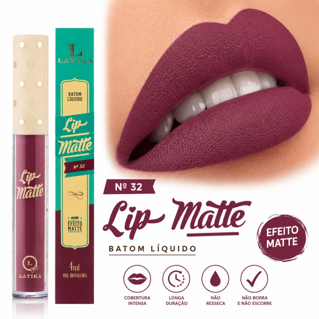 Batom Líquido Latika Lip Matte Nude Intenso nº32 - Efeito Matte Aveludado - Não Transfere 4ml