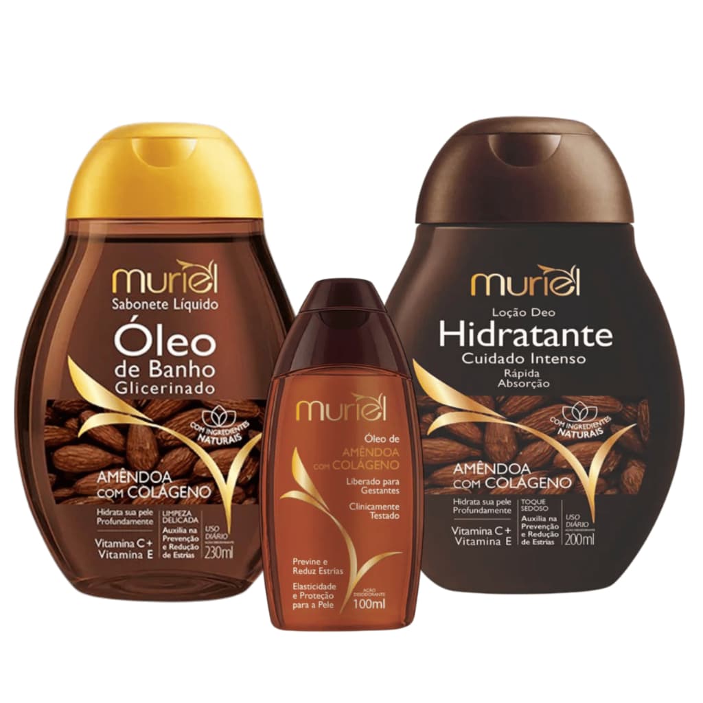 Kit Muriel Amêndoa com Colágeno – Sabonete Líquido 230ml + Hidratante Corporal 200ml + Óleo Corporal 100ml
