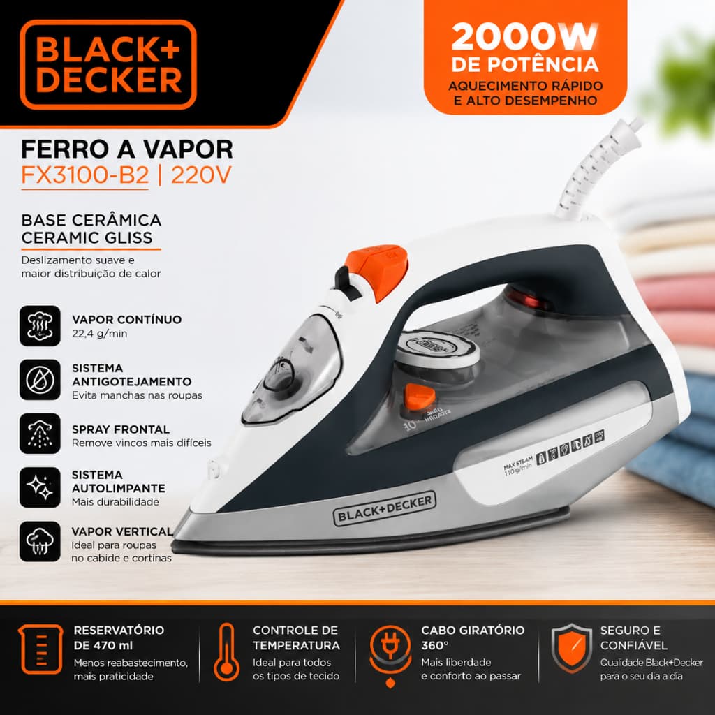 Ferro de passar a vapor Black+Decker  Com base antiaderente FX3100