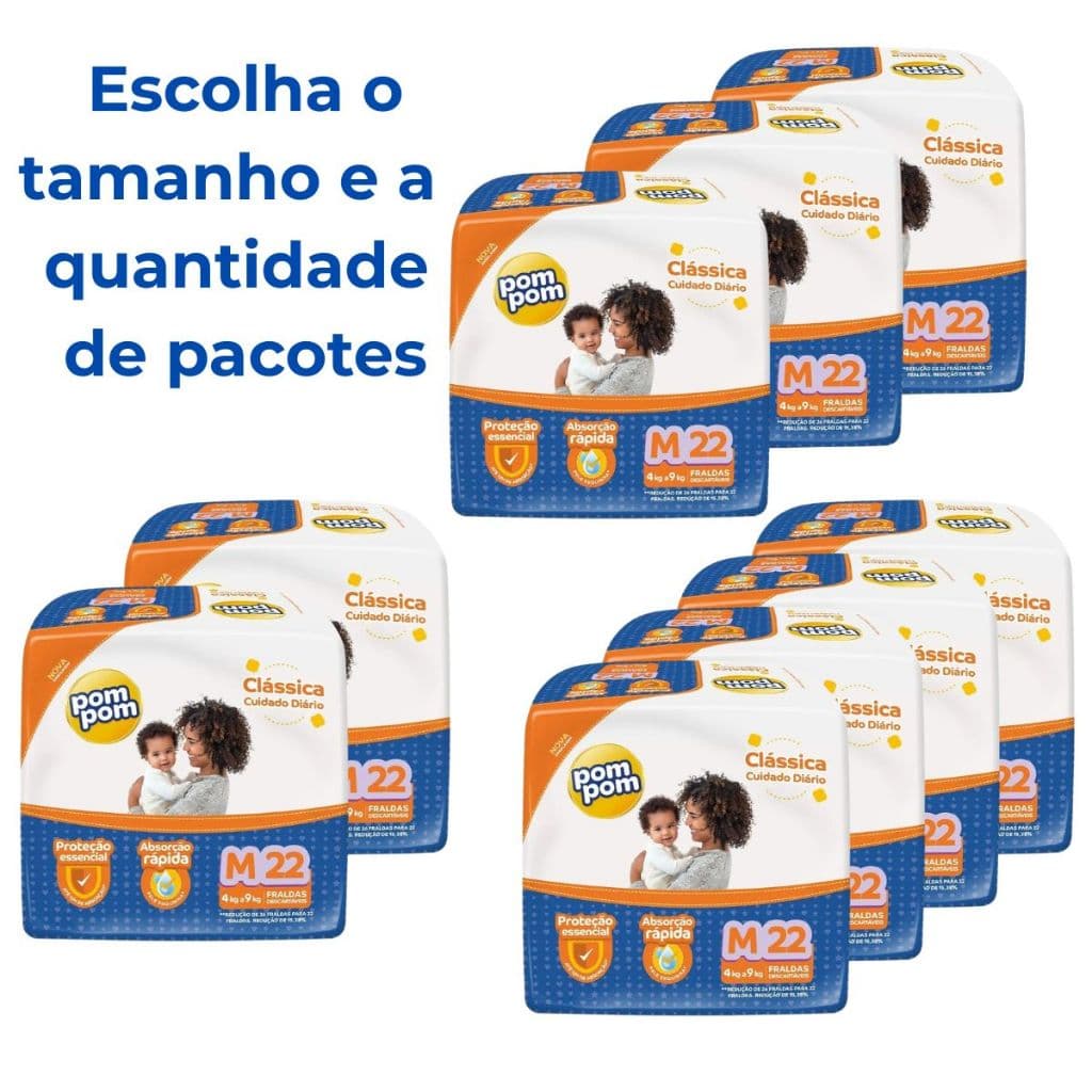 Kit 2, 3 ou 4 Pacotes Fralda PomPom Clássica | Tamanhos P a XG | Conforto e Proteção Garantida