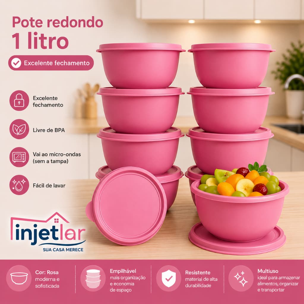 Jogo com 10 potes boll de plástico para marmita 1 litro