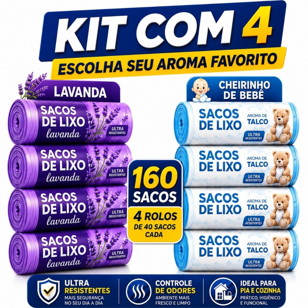 Kit 4 Rolos de Sacos de Lixo 10L 160 Unidades Perfumado Lavanda Talco Cheirinho Bebê Pia Banheiro
