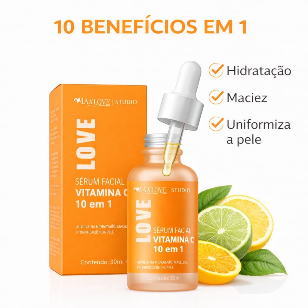 Sérum Facial Max Love Vitamina C 10 em 1 Ácido Hialurônico Hidratação Glow 30ml