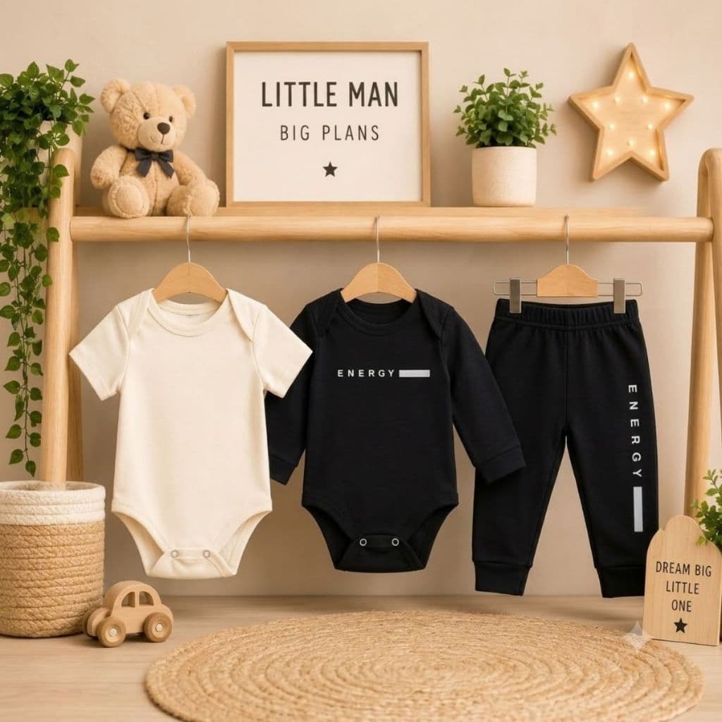 Kit Roupa Bebê Menino Conjunto 3 Peças Suedine Algodão Enxoval 1 Body Manga Longa 1 Body Manga Curta E 1 Calça Luxo