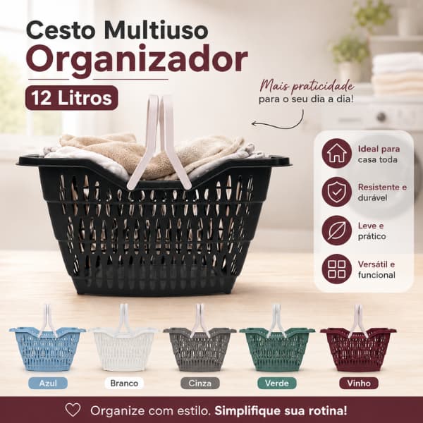 Cesto Multiuso Organizador 12L com Alça | Plástico Resistente para Lavanderia, Banheiro e Cozinha