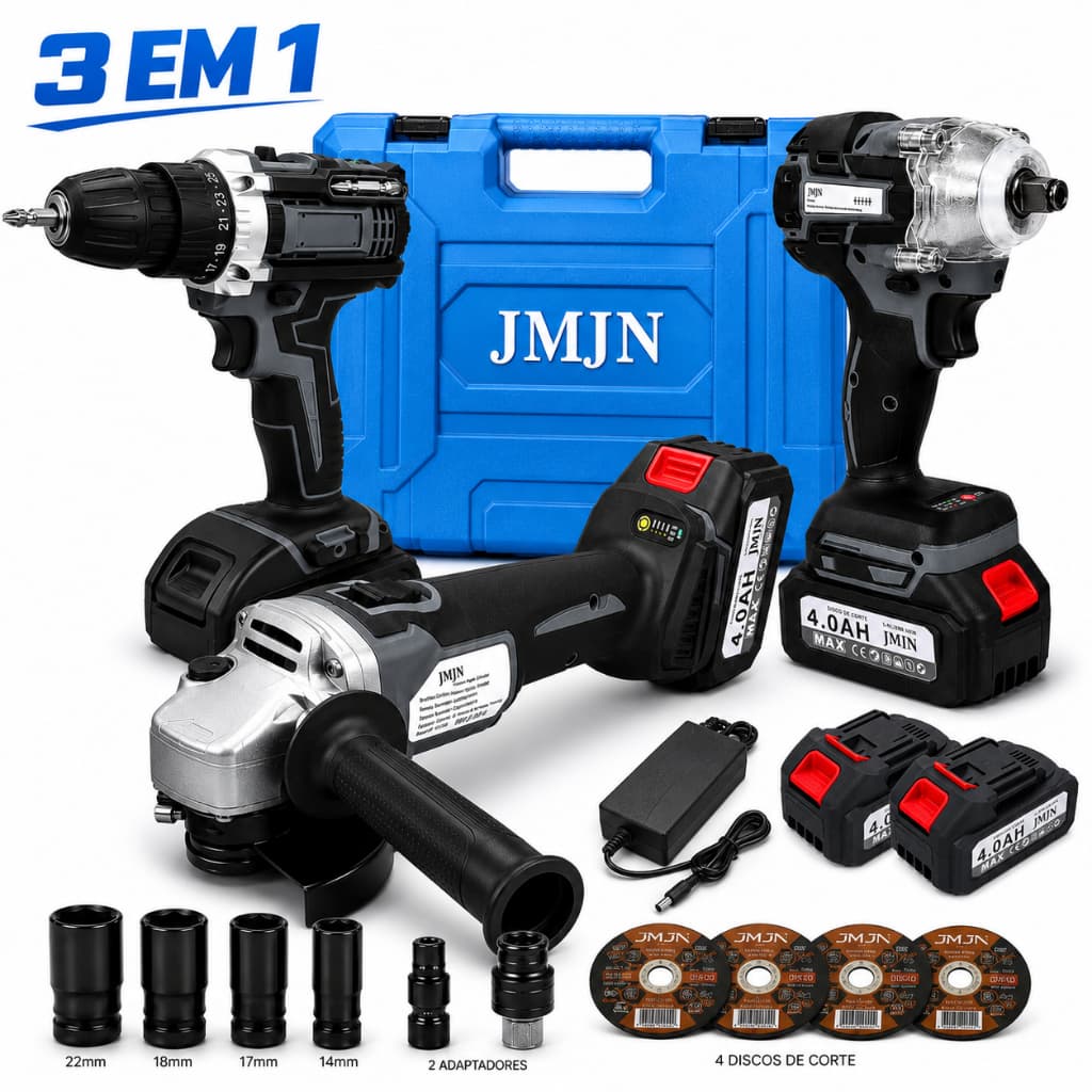 POWERX Kit 3 em 1 Ferramentas 48 V com 2 Baterias – Furadeira/Parafusadeira + Chave de Impacto + Esmerilhadeira Sem Fio