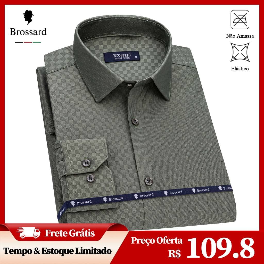 Camisa Social Masculina BROSSARD Elastano Xadrez Malha, Blusa Slim Elegante Não Amassa e Respirável