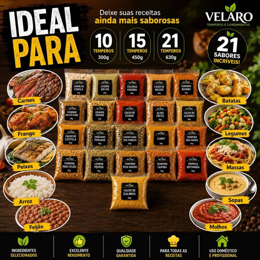 kit 10 Temperos 30g cada Velaro Condimentos Especiarias sortidos completos Lemon Pepper Curry Caldo de Carne Paprica De