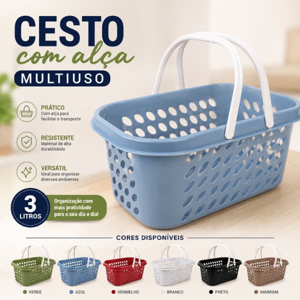 Cestinho Organizador 3 Litros Multiuso com Alça Cesto Plástico para Cozinha, Banheiro, Lavanderia e Armário