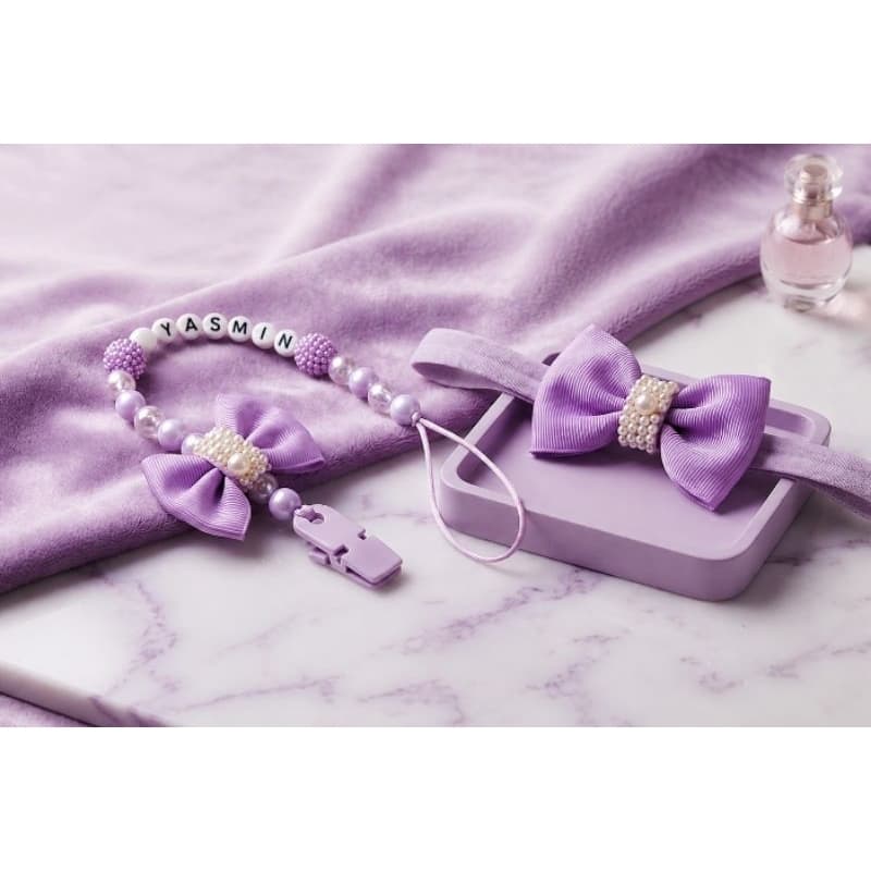 Prendedor de Chupeta e Faixinha para Bebê Luxo Lilás com Pérolas Prendedor Chupeta Personalizado Bebê Menina